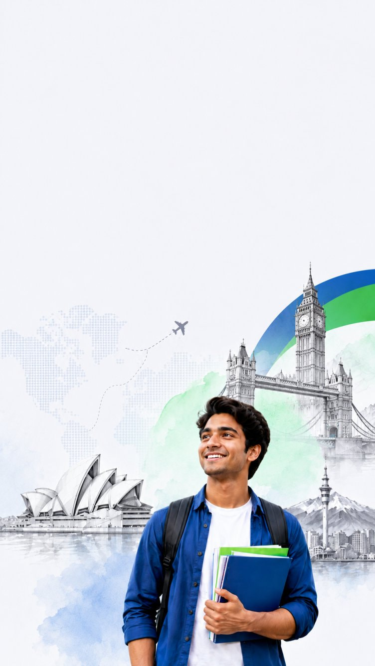 Student with world landmarks - study abroad from Bangladesh
