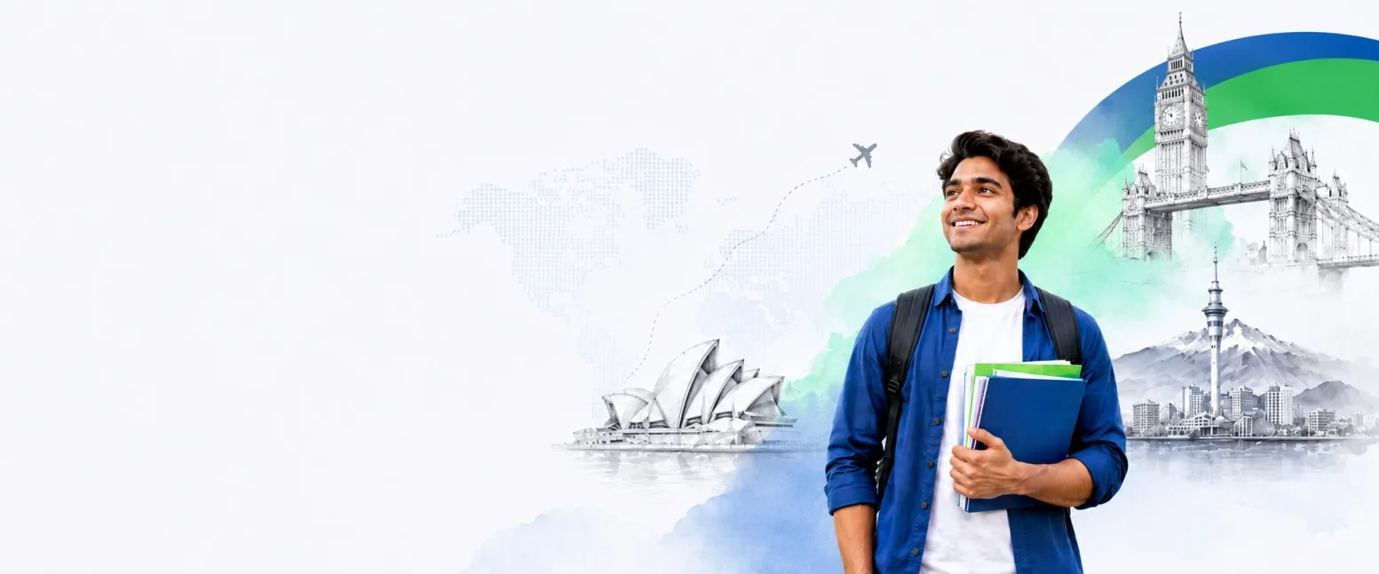 Student with world landmarks - study abroad from Bangladesh